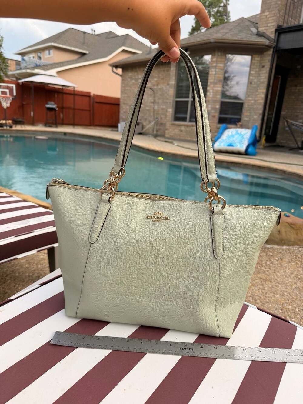 Coach Ava Chain Tote F51654 Pale Green Pebble Leather Shoulder Bag